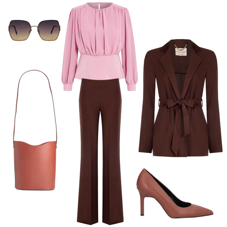 Outfit donna - Chic in rosa e marrone. Stile Mannish per Cerimonia. Abbinamento con décolleté, occhiali da sole, borse a mano, blazer, pantaloni a palazzo, bluse.