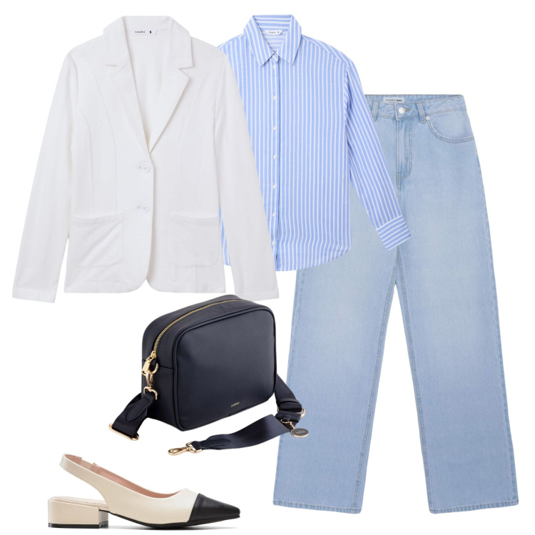 Outfit donna - City. Stile Casual chic per Tutti i giorni. Abbinamento con décolleté, camicie, jeans, blazer, borse a tracolla.