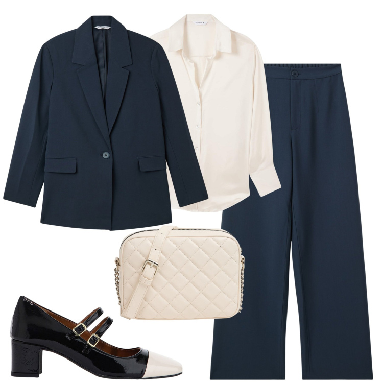 Outfit donna - Minimal chic. Stile Minimal per Ufficio. Abbinamento con blazer, pantaloni, borse a tracolla, camicie, décolleté.