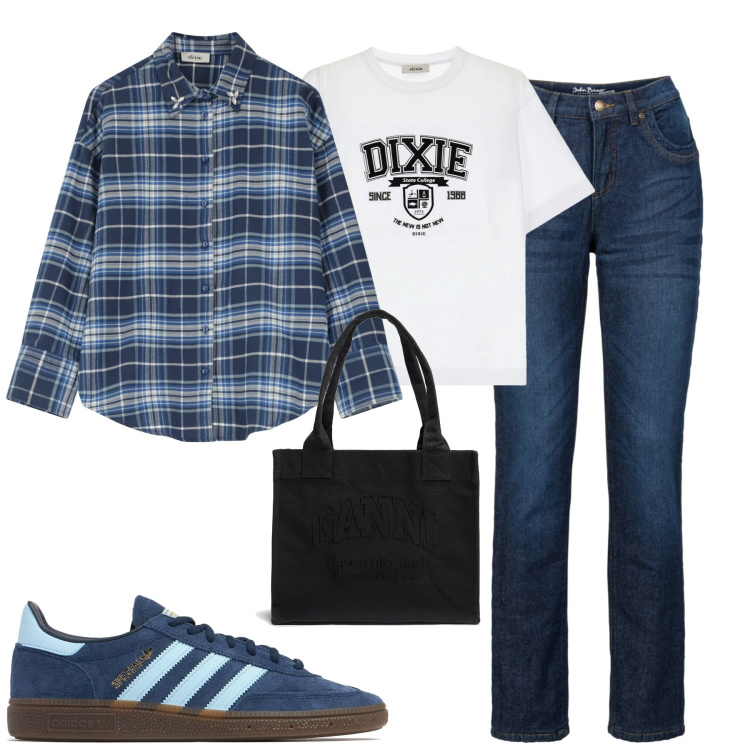 Outfit donna - Weekend. Stile Casual per Tutti i giorni. Abbinamento con jeans dritti, t-shirt, camicie, sneakers, shopping bag.