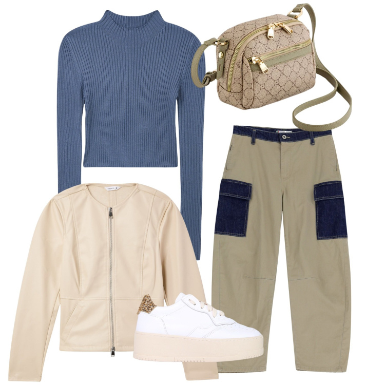 Outfit donna - Basic. Stile Basic per Tutti i giorni. Abbinamento con blazer, maglieria, pantaloni cargo, sneakers, borse a tracolla.