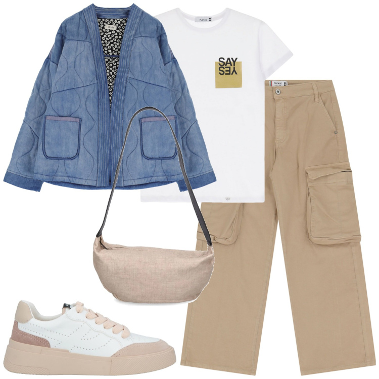 Outfit donna - Marzo. Stile Casual per Tutti i giorni. Abbinamento con sneakers, t-shirt, pantaloni chino, blazer, borse a spalla.