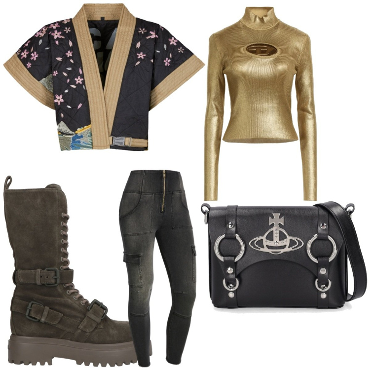 Outfit donna - Dorato asiatico. Stile Urban per Tutti i giorni. Abbinamento con maglieria, stivali, jeans skinny, kimono, borse a spalla.
