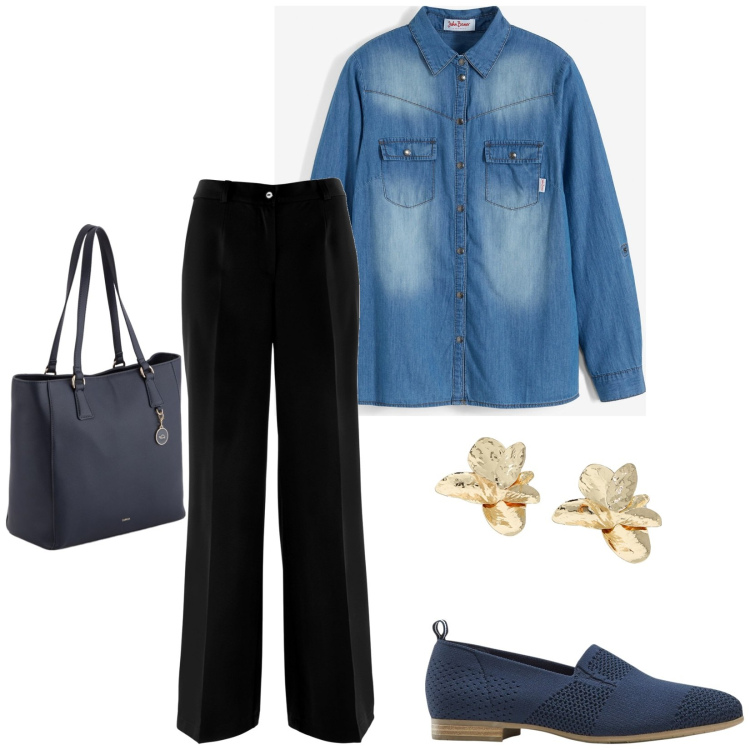 Outfit donna - Pezzi basic abbinati nel modo giusto. Stile Basic per Tutti i giorni. Abbinamento con camicie, pantaloni, mocassini, orecchini, shopping bag.