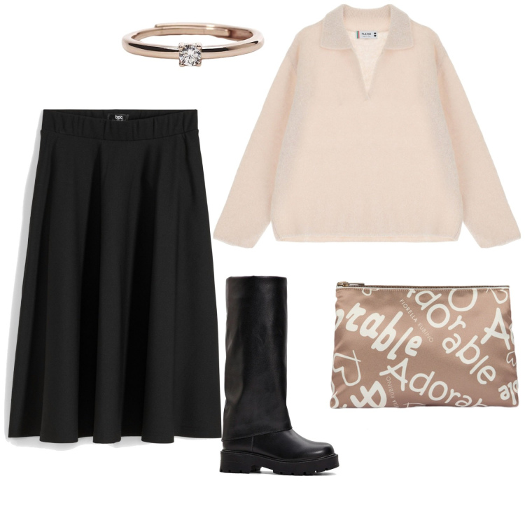 Outfit donna - Gonna midi svasata e maglione a V. Stile Basic per Tutti i giorni. Abbinamento con gonne longuette, stivali, anelli, pullovers, pochette.