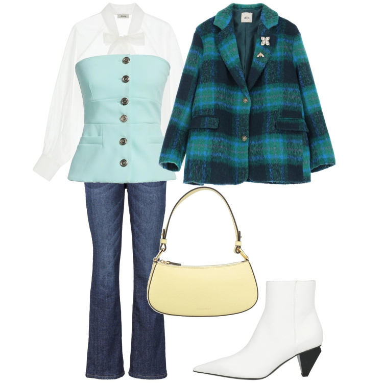 Outfit donna - Innamorata della primavera. Stile Casual chic per Tutti i giorni. Abbinamento con jeans bootcut, top, stivaletti, borse a mano, blazer, camicie.