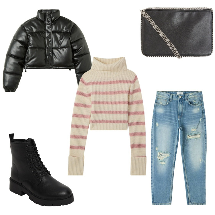 Outfit donna - Maglia a righe. Stile Urban per Scuola/Università. Abbinamento con jeans mom, borse a tracolla, anfibi, blazer, maglieria.
