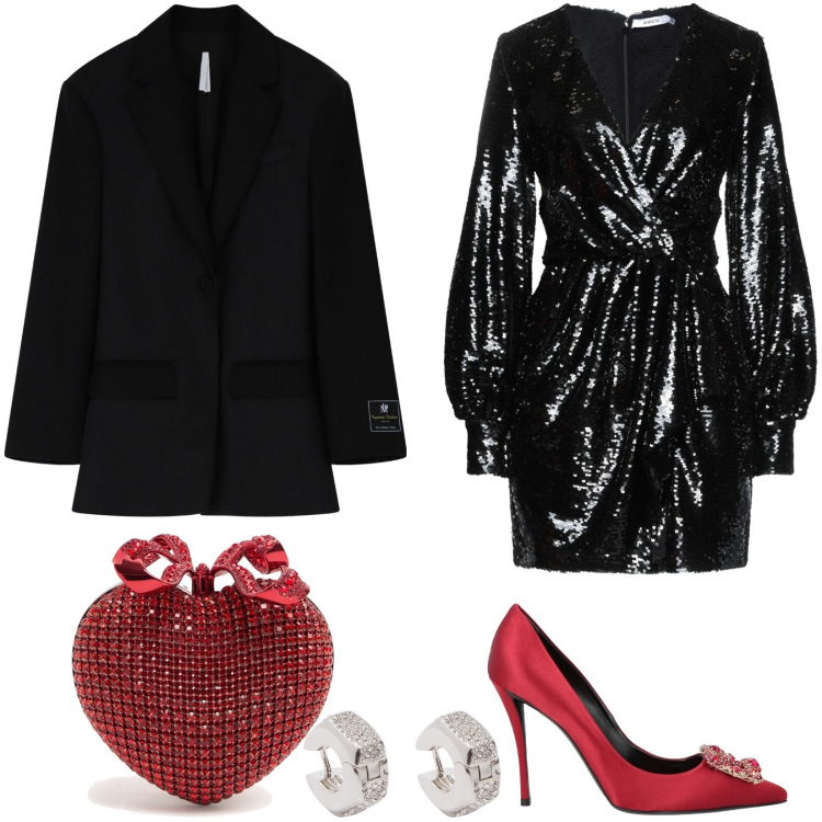 Outfit donna - Pochette crystal heart. Stile Glamour per Serata fuori. Abbinamento con vestiti corti, décolleté, blazer, pochette, orecchini.