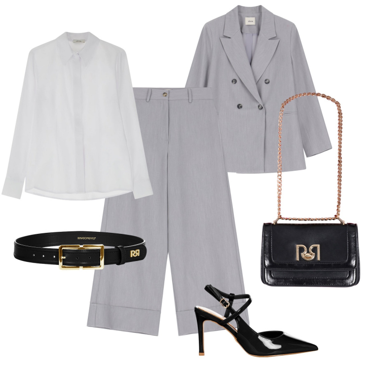 Outfit donna - Sicura, con classe in ufficio. Stile Glamour per Ufficio. Abbinamento con décolleté, borse a tracolla, cinture, camicie, pantaloni a palazzo, blazer.