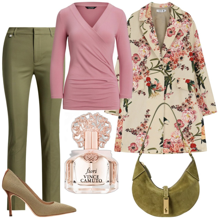 Outfit donna - Profumo di fiori. Stile Casual chic per Tutti i giorni. Abbinamento con profumi, trench, pantaloni, décolleté, borse a spalla, top.