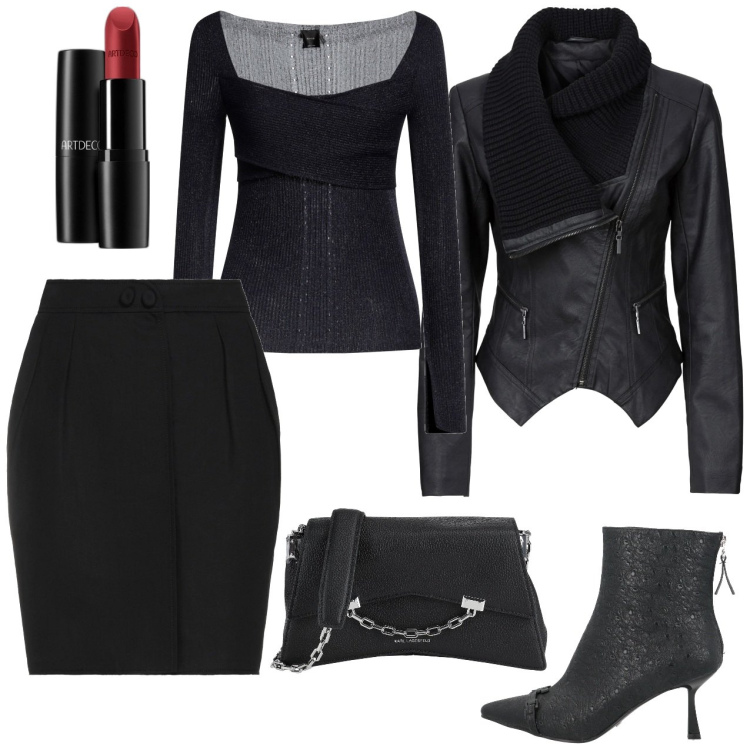 Outfit donna - Sensuale. Stile Sexy per Serata fuori. Abbinamento con minigonne, pullovers, stivaletti, borse a tracolla, blazer, rossetti.