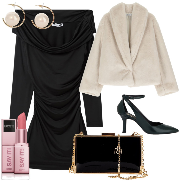 Outfit donna - Cocktail stile Audrey. Stile Bon Ton per Serata fuori. Abbinamento con rossetti, vestiti corti, pochette, ecopellicce, décolleté, orecchini.