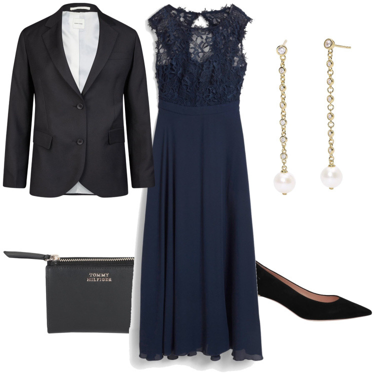 Outfit donna - Nuova colazione da Tiffany. Stile Glamour per Serata fuori. Abbinamento con vestiti lunghi, portafogli, décolleté, orecchini, blazer.
