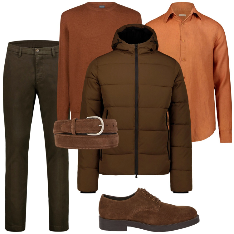 Outfit uomo - Total look #2074935. Stile Casual per Tutti i giorni. Abbinamento con piumini, pantaloni chino, maglieria, camicie, scarpe stringate, cinture.