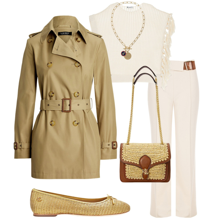 Outfit donna - Auguri a tutte le donne. Stile Casual chic per Serata fuori. Abbinamento con pantaloni, maglieria, trench, ballerine, ciondoli, borse a spalla.