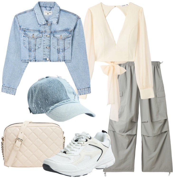 Outfit donna - Terranova - New Collection PE25. Stile Trendy per Tutti i giorni. Abbinamento con blazer, bluse, pantaloni cargo, sneakers, borse a tracolla, cappelli.