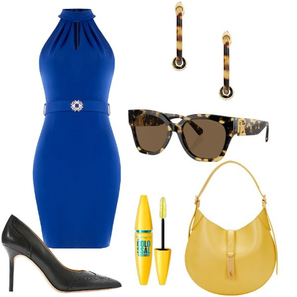 Outfit donna - Festa della donna. Stile Sexy per Tutti i giorni. Abbinamento con mascara, vestiti lunghi, occhiali da sole, décolleté, orecchini, borse a spalla.