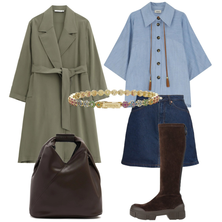Outfit donna - Total look #2074968. Stile Trendy per Tutti i giorni. Abbinamento con stivali, braccialetti, trench, camicie, borse a tracolla, minigonne.
