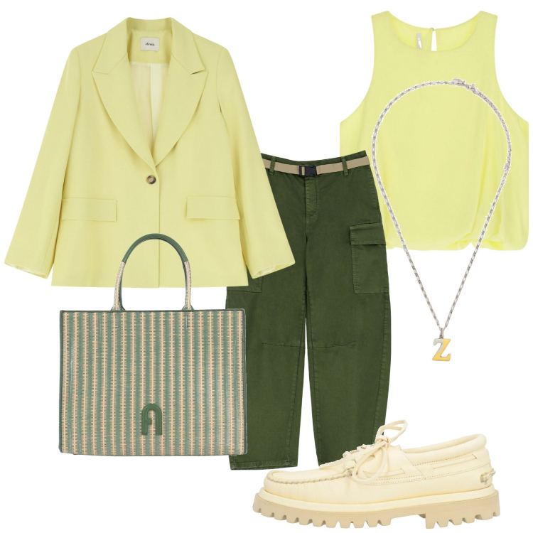 Outfit donna - Zoe. Stile Trendy per Tutti i giorni. Abbinamento con borse a mano, mocassini, collane, top, pantaloni chino, blazer.