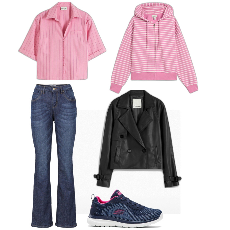 Outfit donna - Passeggiata al parco. Stile Casual per Sport. Abbinamento con jeans bootcut, parka, felpe con cappuccio, camicie, sneakers.