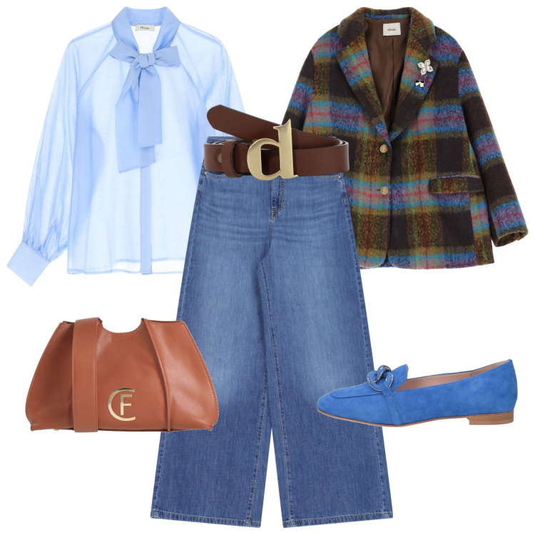 Outfit donna - Marrone cioccolato e azzurro estate. Stile Bon Ton per Tutti i giorni. Abbinamento con mocassini, borse a tracolla, pantaloni a palazzo, blazer, camicie, cinture.