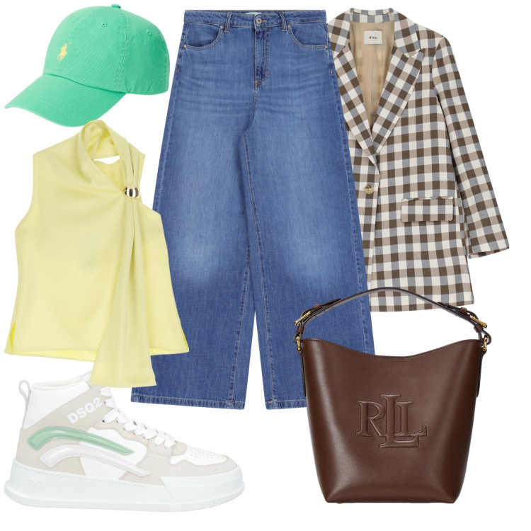 Outfit donna - Total look #2075003. Stile Casual chic Abbinamento con sneakers alte, top, blazer, jeans, cappelli, borse a secchiello.