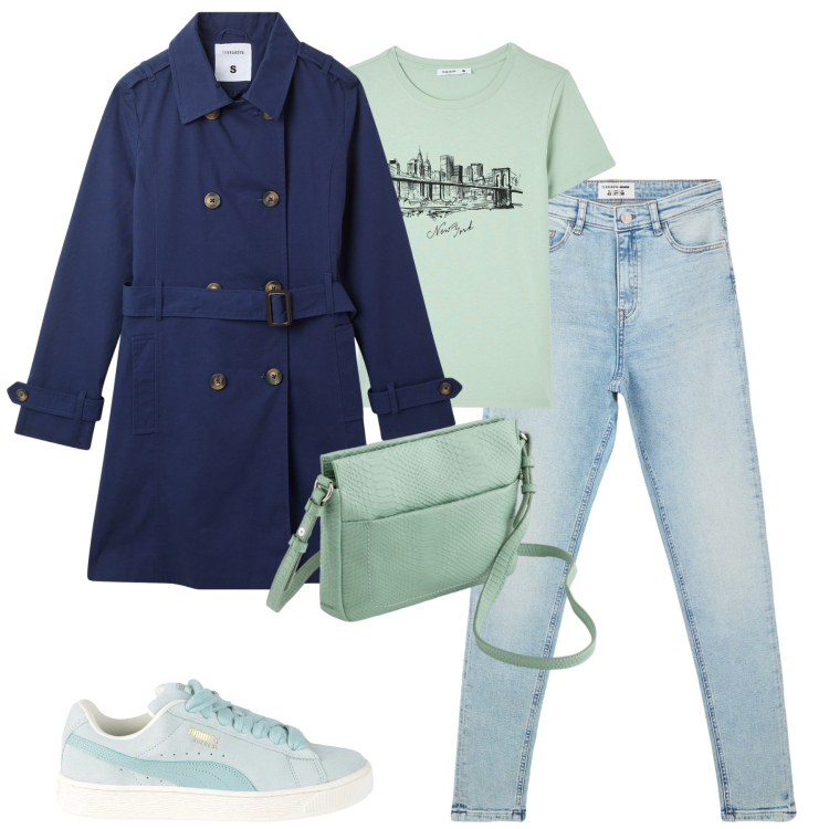 Outfit donna - Marzo pazzerello. Stile Casual chic per Tutti i giorni. Abbinamento con sneakers, jeans skinny, t-shirt, trench, borse a tracolla.