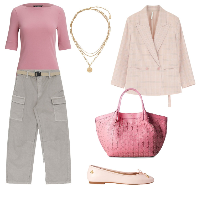Outfit donna - In ufficio a primavera. Stile Casual chic per Ufficio. Abbinamento con borse a mano, pantaloni chino, blazer, ciondoli, t-shirt, ballerine.
