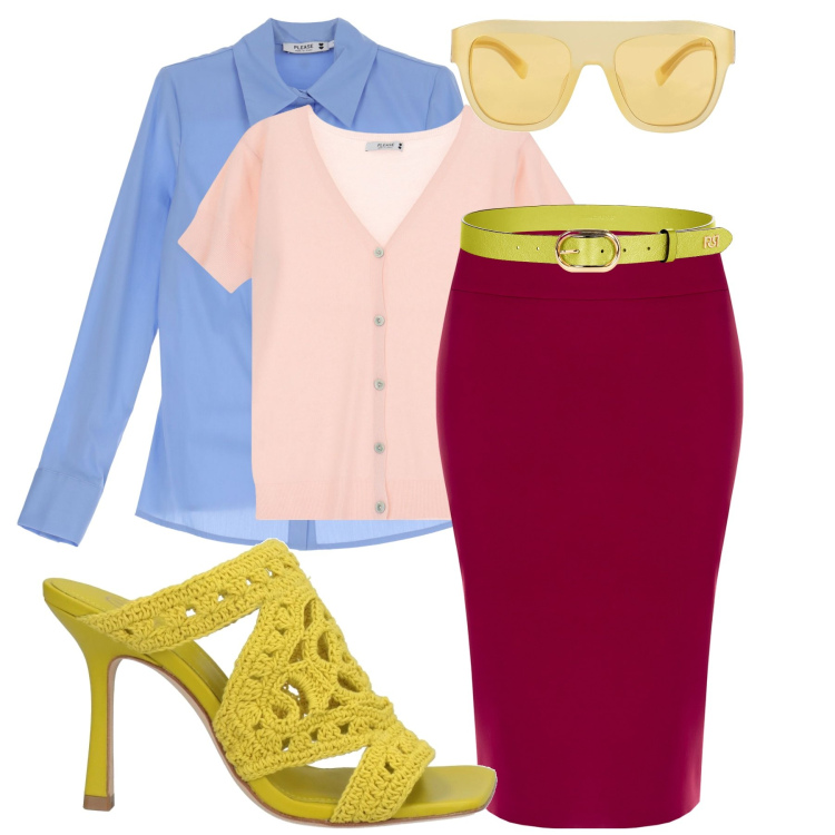 Outfit donna - Total look #2075037. Stile Glamour per Tutti i giorni. Abbinamento con sandali in pelle, occhiali da sole, gonne, cinture, cardigans, camicie.