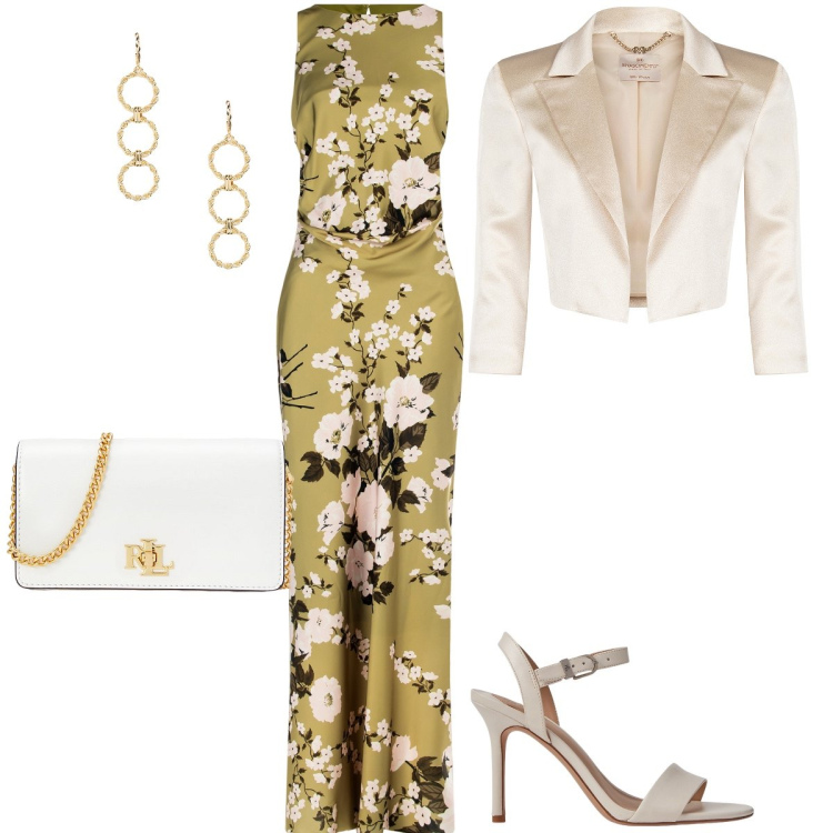 Outfit donna - Comunione floreale. Stile Chic per Cerimonia. Abbinamento con bolero, vestiti lunghi, borse a mano, sandali in pelle, orecchini.