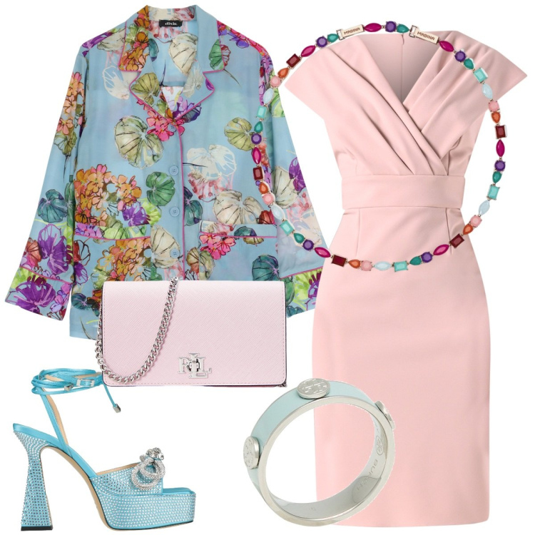 Outfit donna - Primavera. Stile Chic per Cerimonia. Abbinamento con anelli, sandali in pelle, collane, vestiti a tubino, camicie, borse a tracolla.