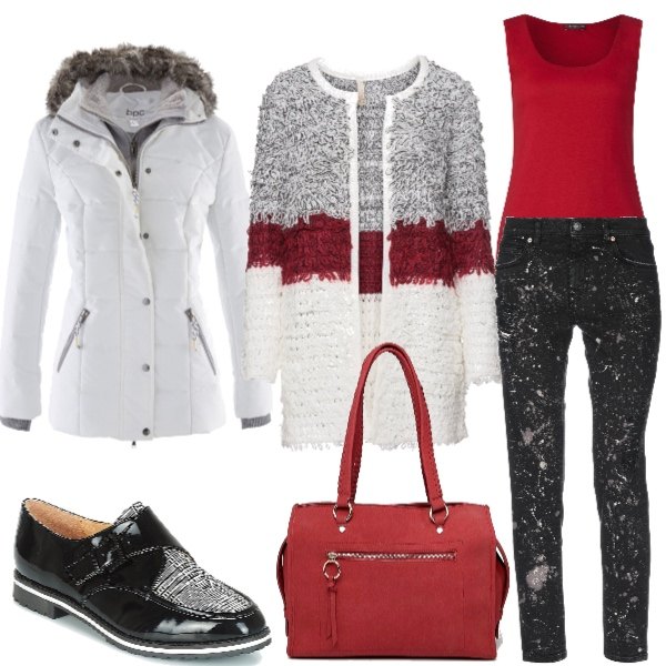 Outfit donna - Pratica con le slip on. Stile Basic per Tutti i giorni. Abbinamento con piumini, cardigan, jeans delavé con zip tinta unita, scarpe nero, borsa a tracolla maxi contrasto con zip e scomparti, canottiera rosso.
