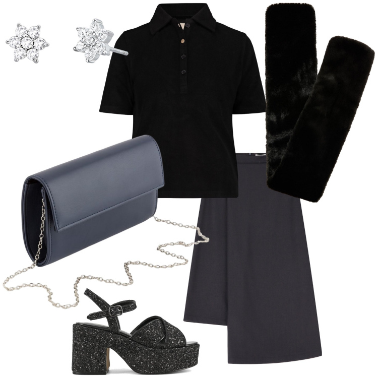 Outfit donna - I primi sandali sotto le stelle. Stile Glamour per Serata fuori. Abbinamento con orecchini, sciarpe, gonne, sandali, polo, pochette.