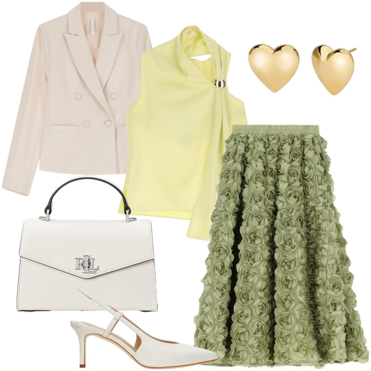 Outfit donna - All’amica dolce e forte che mi ispira. Stile Romantica per Cerimonia. Abbinamento con orecchini, top, blazer, gonne, décolleté, borse a mano.