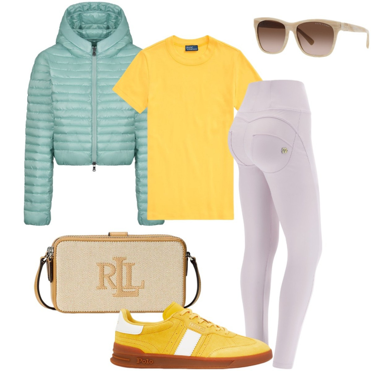 Outfit donna - Corsa di beneficenza per le donne. Stile Sporty chic per Sport. Abbinamento con pantaloni skinny, occhiali da sole, t-shirt, sneakers, portafogli, piumini.