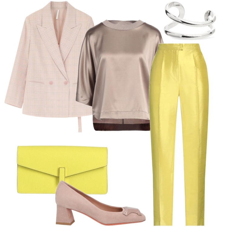 Outfit donna - Auguri a tutte le donne. Stile Bon Ton per Cerimonia. Abbinamento con top, pantaloni, décolleté, borse a mano, blazer, braccialetti.
