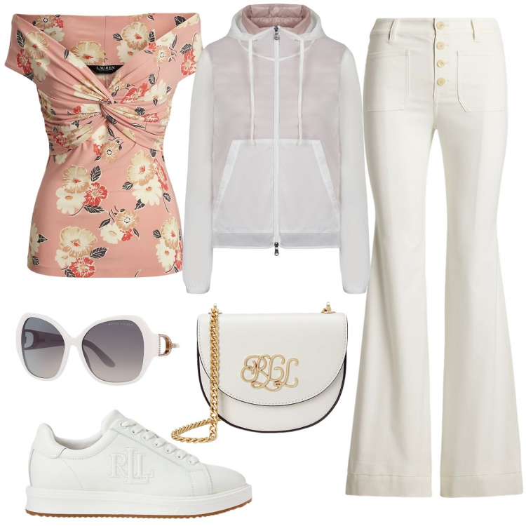 Outfit donna - Look sportivo con colori chiari. Stile Casual chic per Tutti i giorni. Abbinamento con sneakers, occhiali da sole, borse a tracolla, pantaloni, t-shirt, blazer.