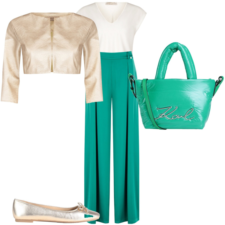 Outfit donna - Primavera. Stile Bon Ton per Tutti i giorni. Abbinamento con ballerine, borse a mano, bolero, pantaloni a palazzo, bluse.