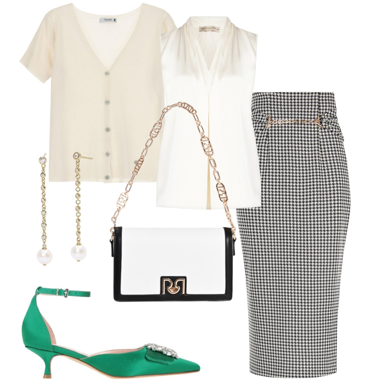 Outfit donna - La blusa bon ton. Stile Bon Ton per Ufficio. Abbinamento con décolleté, orecchini, bluse, gonne longuette, borse a tracolla, cardigans.