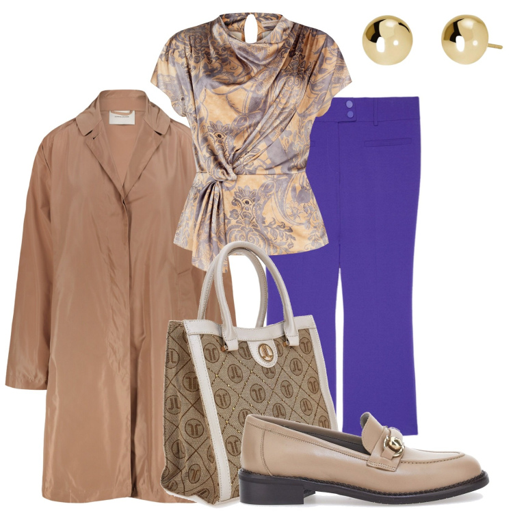 Outfit donna - La blusa di primavera. Stile Casual chic per Tutti i giorni. Abbinamento con bluse, orecchini, trench, pantaloni, mocassini, borse a spalla.