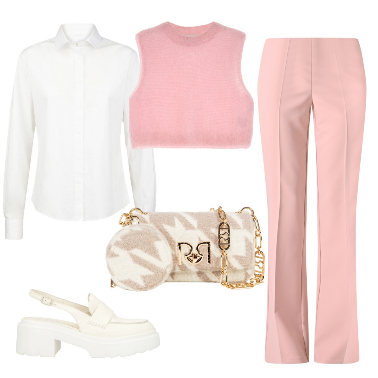 Outfit donna - Tenero rosa. Stile Preppy per Tutti i giorni. Abbinamento con décolleté, gilet, pantaloni, borse a tracolla, camicie.