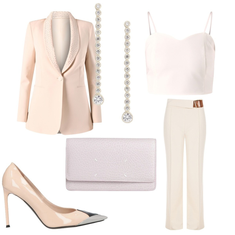 Outfit donna - Pastel Power. Stile Bon Ton per Serata fuori. Abbinamento con décolleté, borse a mano, pantaloni, canottiere, blazer, orecchini.