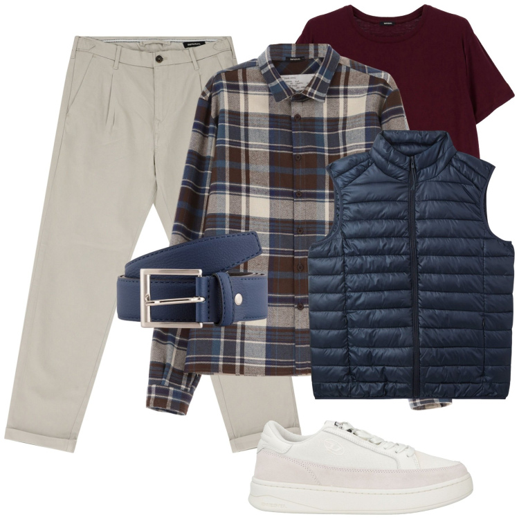 Outfit uomo - Total look #2075209. Stile Casual per Tutti i giorni. Abbinamento con sneakers, piumini, camicie, pantaloni chino, t-shirt, cinture.