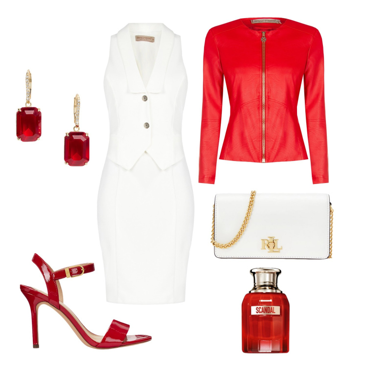Outfit donna - Femminilità. Stile Chic per Serata fuori. Abbinamento con profumi, vestiti a tubino, blazer, sandali col tacco, orecchini, borse a mano.