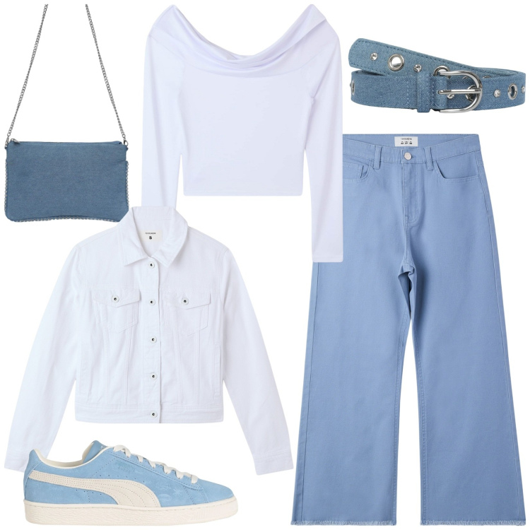 Outfit donna - Pantaloni kick flare. Stile Casual per Tutti i giorni. Abbinamento con sneakers, t-shirt, cinture, borse a tracolla, pantaloni, blazer.