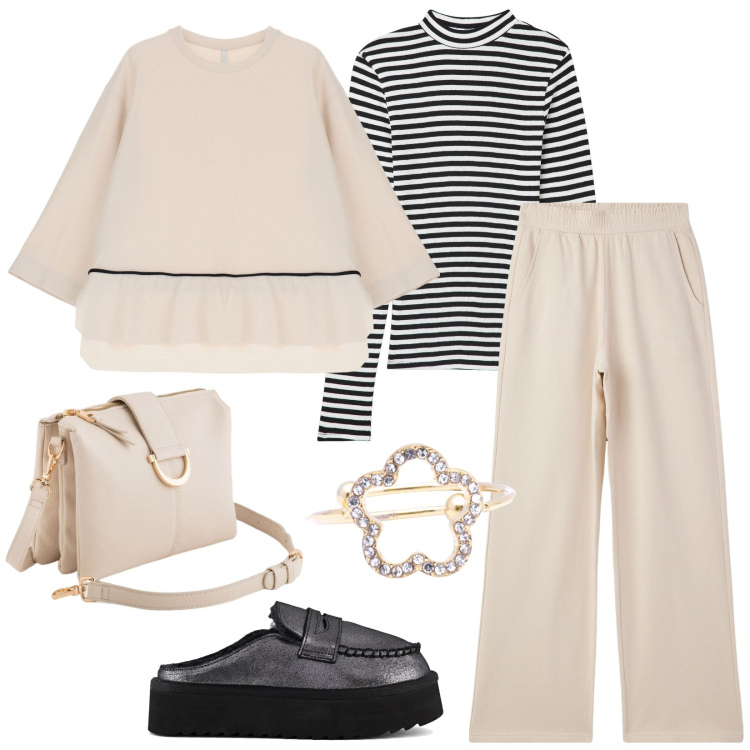 Outfit donna - Casual sprint. Stile Casual per Tutti i giorni. Abbinamento con t-shirt, pantaloni sportivi, felpe, anelli, mocassini, borse a tracolla.
