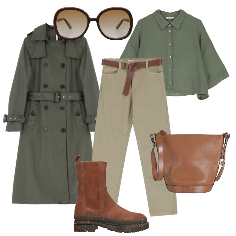 Outfit donna - Il trench must have. Stile Casual per Tutti i giorni. Abbinamento con stivaletti, occhiali da sole, borse a spalla, pantaloni, trench, camicie.