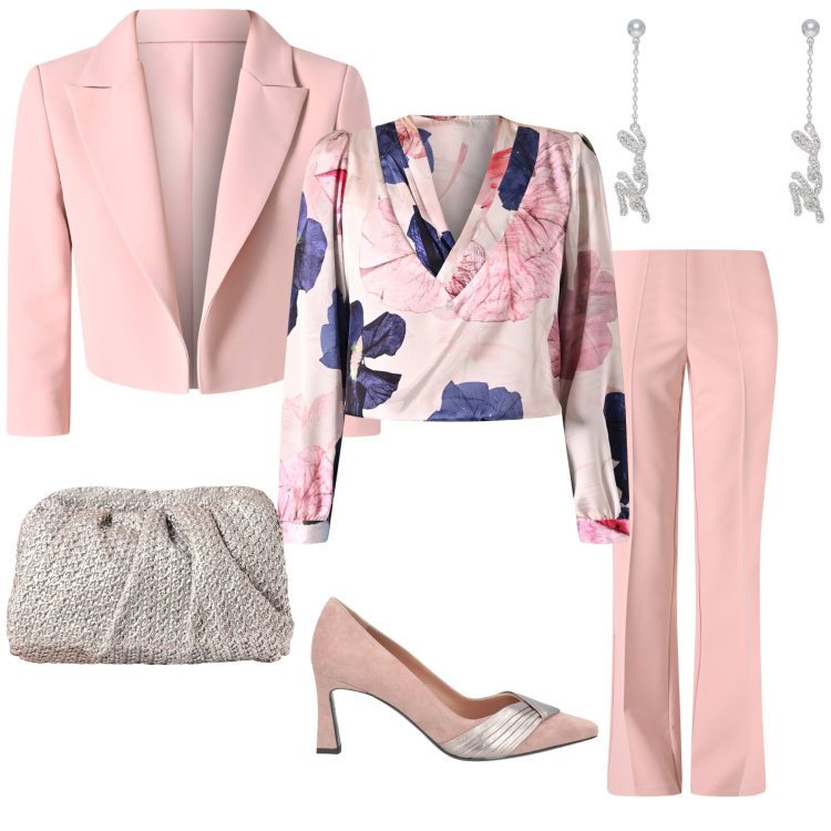 Outfit donna - Cerimonia pastello. Stile Bon Ton per Cerimonia. Abbinamento con décolleté, orecchini, bluse, pantaloni, blazer, clutch.