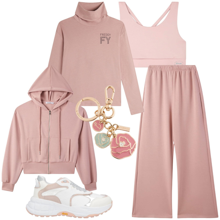 Outfit donna - Candy pink. Stile Trendy per Sport. Abbinamento con sneakers, canottiere, pantaloni, felpe con cappuccio, t-shirt, portachiavi.