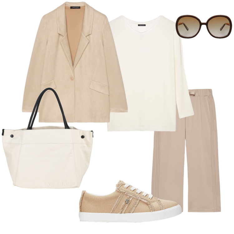 Outfit donna - Casual chic color burro. Stile Casual chic per Ufficio. Abbinamento con occhiali da sole, borse a mano, sneakers, blazer, pantaloni, maglieria.